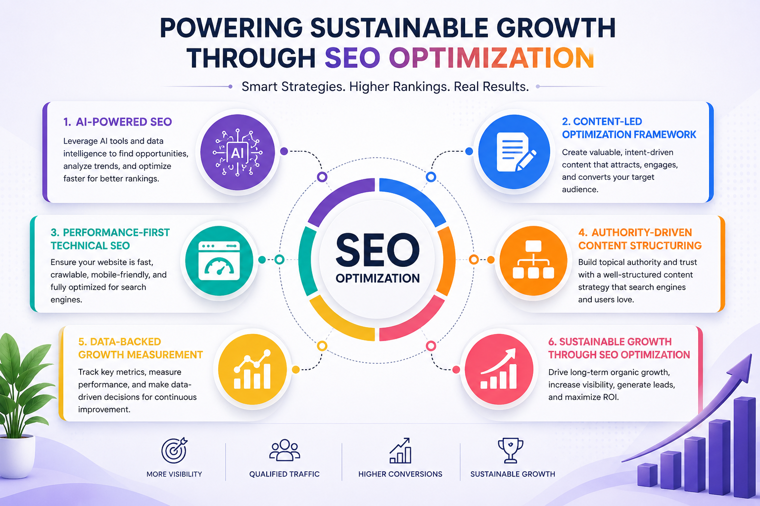 Rank Spiders Digital Marketing Growth Framework Rank Spiders 4-pillar SEO optimization framework — AI-powered SEO, content-led optimization, performance-first technical SEO, and data-backed growth measurement for digital marketing services India